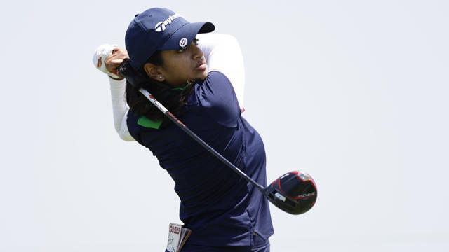 Megha Ganne of the United States plays her shot from the fifth tee during the first round of the Mizuho Americas Open at Liberty National Golf Club on June 01, 2023 in Jersey City, New Jersey. 