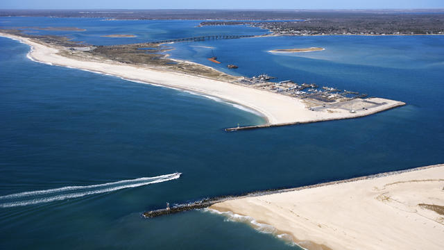 Aerial view of boat entering Shinnecock Bay in New York. 