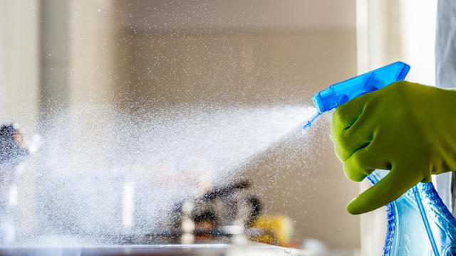 Spraying Cleaning Product on the Kitchen Counter 