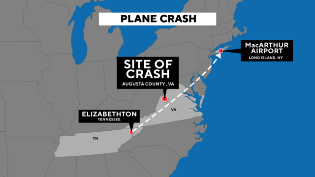 A map showing a flight's planned path from Tennessee to Long Island and the location where it crashed in Virginia. 