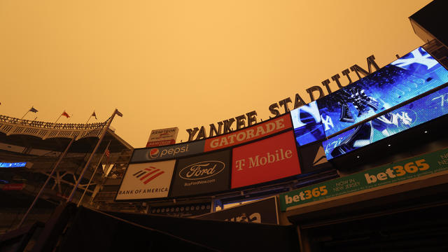 A general view of hazy conditions resulting from Canadian wildfires at Yankee Stadium before the game between the Chicago White Sox and the New York Yankees on June 7, 2023, in New York, New York. 