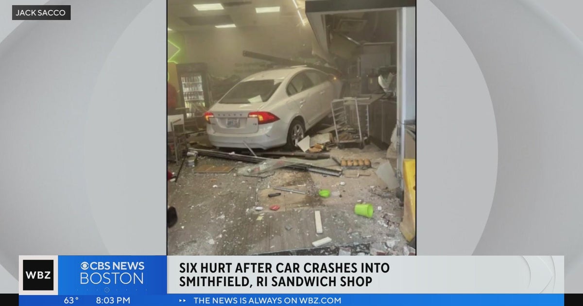 6 injured after car crashes into Smithfield, RI Subway shop - CBS Boston