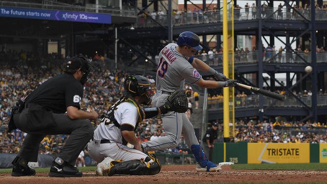 Mark Canha #19 of the New York Mets hits a two run RBI double in the seventh inning during the game against the Pittsburgh Pirates at PNC Park on June 10, 2023 in Pittsburgh, Pennsylvania. 