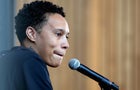 Brittney Griner of the Phoenix Mercury speaks during a "Bring Our Families Home" press conference at Footprint Center on April 27, 2023 in Phoenix, Arizona. 