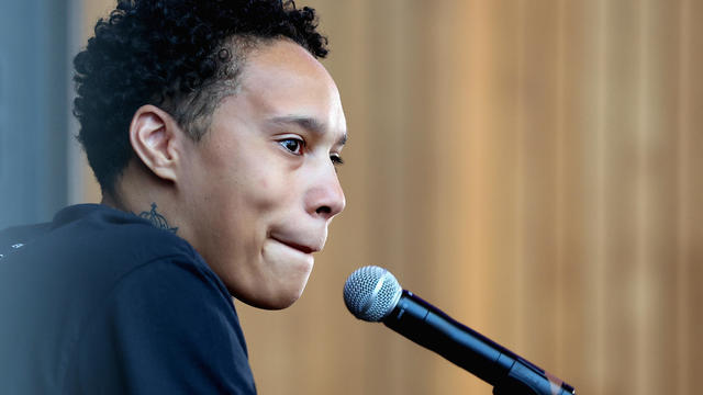 Brittney Griner of the Phoenix Mercury speaks during a "Bring Our Families Home" press conference at Footprint Center on April 27, 2023 in Phoenix, Arizona. 