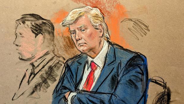 A sketch showing former President Donald Trump in a federal courtroom in Florida on June 13, 2023. 