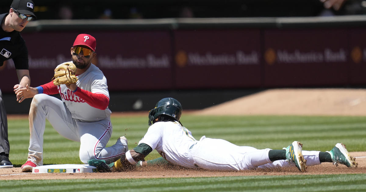 Schwarber homers on 1st pitch, Phillies beat A's 6-1 and stretch