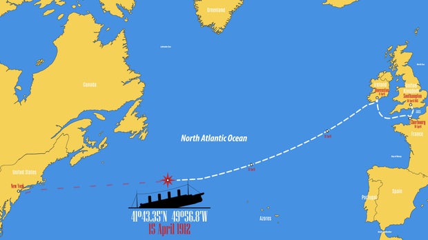 Map showing the point where the RMS Titanic sank