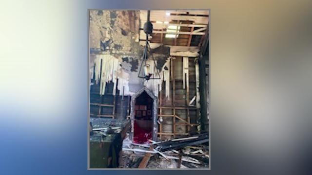 The fire-damaged interior of Episcopal Church of the Messiah 