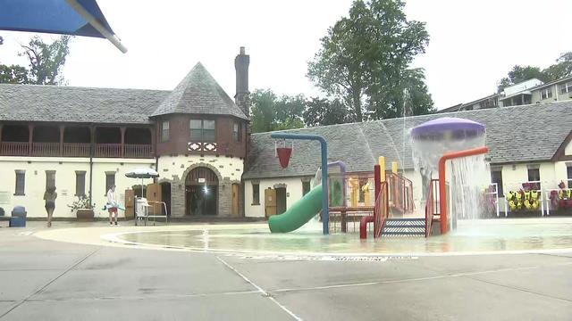 A playground with spray fountains in Willson's Woods Park 