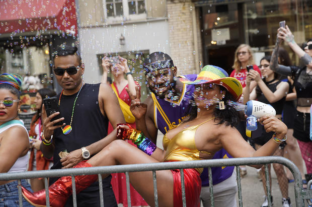 A parade goer shoots bubbles at the 2023 New York City Pride March on June 25, 2023 in New York City. 