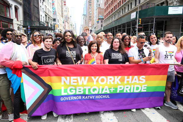 (L-R) Attorney General of New York Letitia James, The Governor of New York Kathy Hochul, and Al Sharpton attend the 2023 New York City Pride March on June 25, 2023 in New York City. 