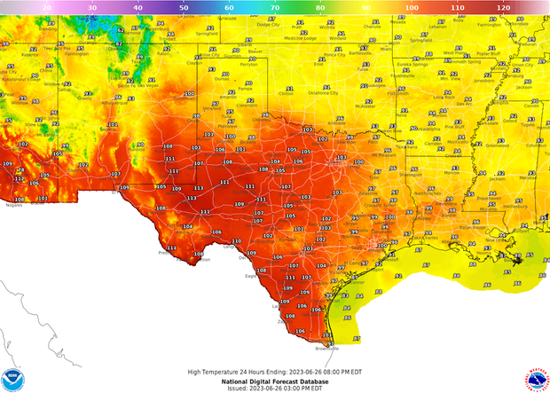 A map shows high temperatures across Texas and the surrounding states on June 26, 2023 