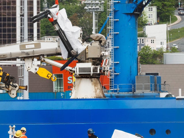 A salvaged piece of the Titan submersible from OceanGate Expeditions is seen being offloaded from the Horizon Arctic ship in St. John's, Newfoundland, June 28, 2023.