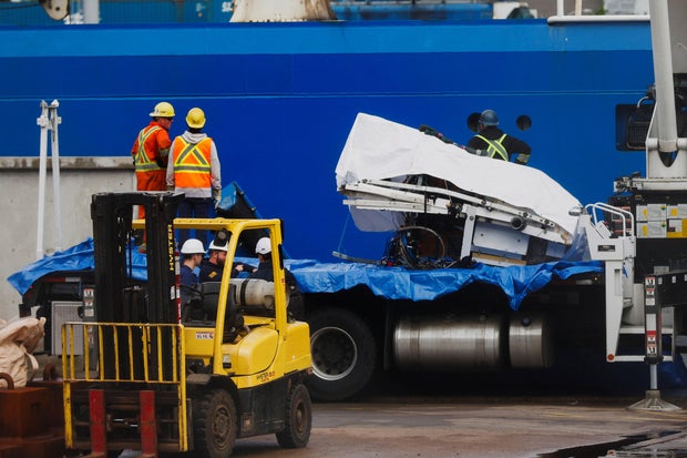 Salvaged pieces of the Titan submersible from OceanGate Expeditions are seen in St. John's, Newfoundland, June 28, 2023.
