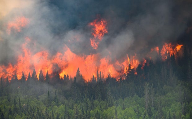 Flames reach upwards along the edge of a wildfire as seen from a Canadian Forces helicopter in Quebec