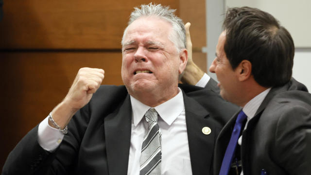 Scot Peterson, former Marjory Stoneman Douglas High School school resource officer, reacts as he learns of his acquittal at the Broward County Courthouse in Fort Lauderdale, Fla., on June 29, 2023. 