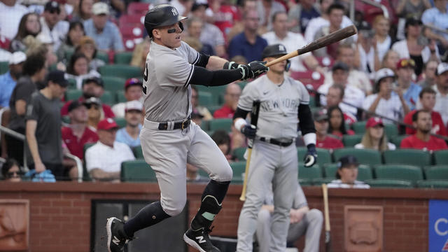 New York Yankees' Harrison Bader follows through on a sacrifice fly to score DJ LeMahieu during the first inning in the second game of a baseball doubleheader against the St. Louis Cardinals Saturday, July 1, 2023, in St. Louis. 