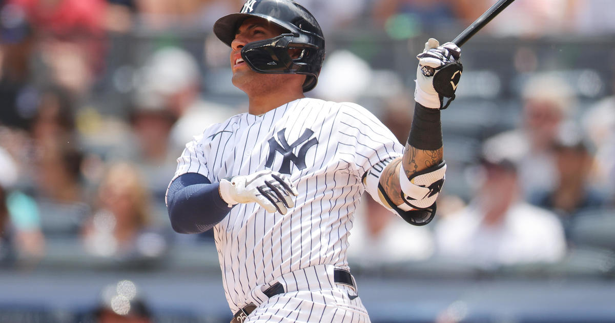 Gleyber Torres of the New York Yankees follows through on his seventh