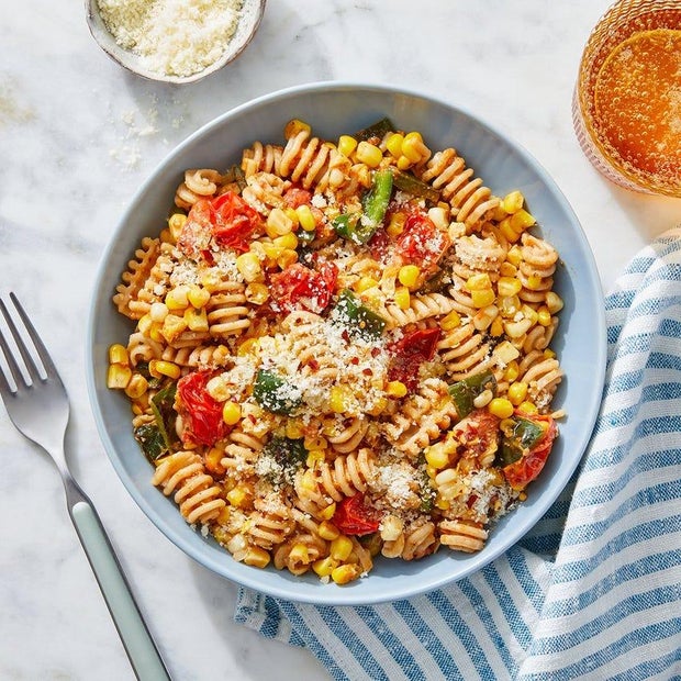 Whole Grain Romesco Pasta with Tomatoes, Corn & Poblano Pepper