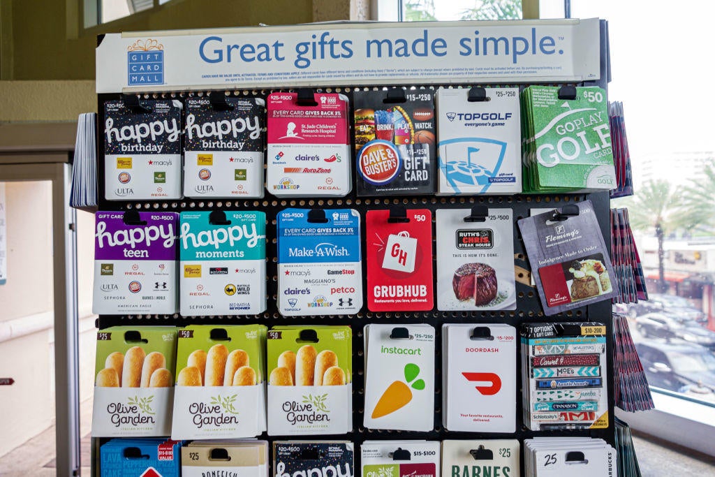 Surfside, Florida, Miami, Publix grocery store, gift cards display rack, Olive Garden, Grubhub, Instacart, Doordash 
