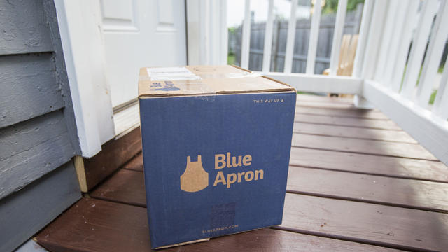 Blue Apron delivery box on front porch 