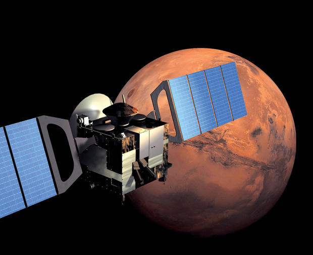 Illustration of the Mars Express spacecraft in orbit around the red planet 