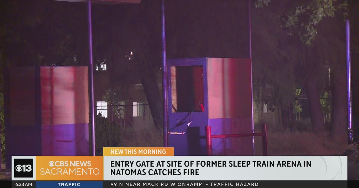 Entry gate of former Sleep Train Arena catches fire