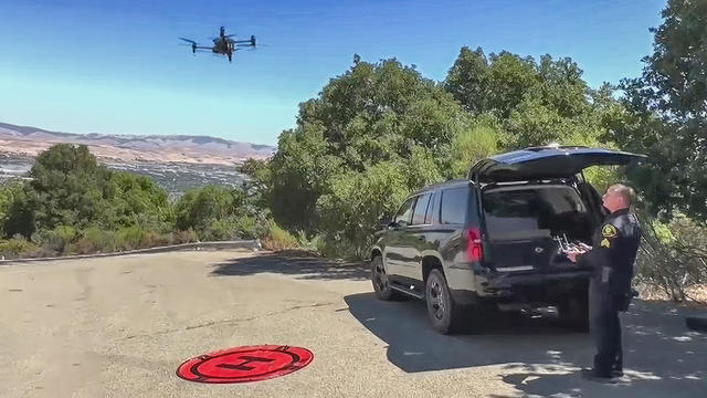 An Alameda County firefighter uses a drone. 