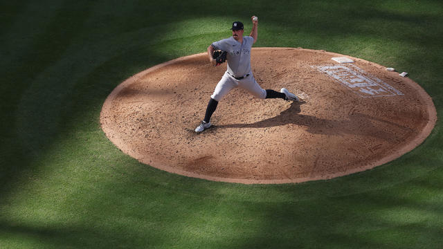 Carlos Rodon #55 of the New York Yankees pitches during the fourth inning of a game against the Los Angeles Angels at Angel Stadium of Anaheim on July 19, 2023 in Anaheim, California. 