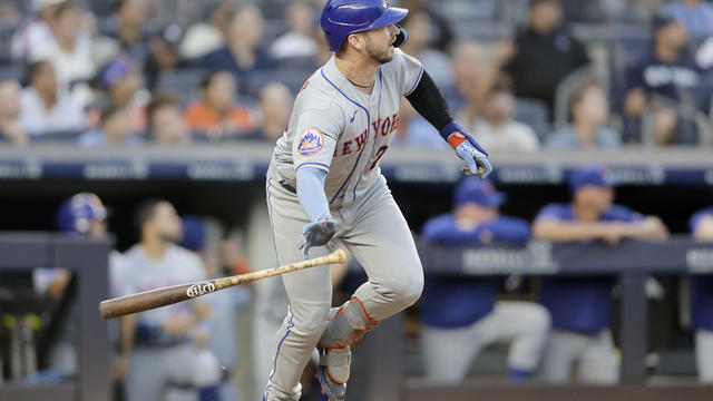 Pete Alonso #20 of the New York Mets follows through on his third-inning three-run home run against the New York Yankees at Yankee Stadium on July 25, 2023 in the Bronx borough of New York City. 