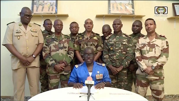 Niger Army spokesman Colonel Niger Army spokesman Colonel Major Amadou Adramane speaks during an appearance on national television after President Mohamed Bazoum was held in the presidential palace in Niamey, Niger, on July 26, 2023. Amadou Adramane speaks during an appearance on national television 