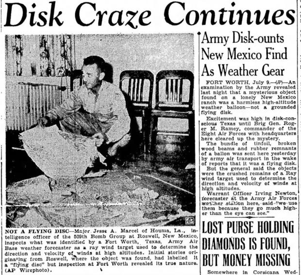 A page from the Corsicana Daily Sun on July 9, 1947, showing Jesse Marcel, an intelligence officer who initially investigated and recovered some of the debris near Roswell, New Mexico. 