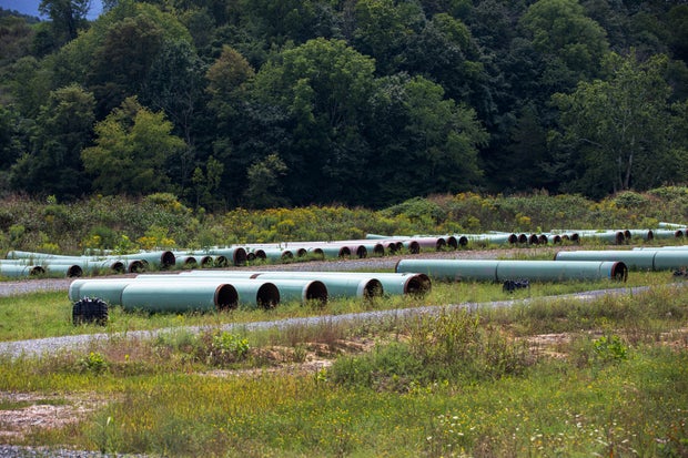 Sections of steel pipe for the Mountain Valley Pipeline in Lindside, West Virginia, on Aug. 26, 2022.