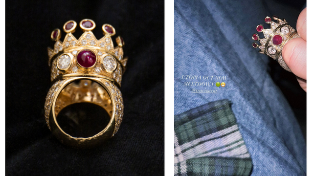 Crown ring designed by Tupac Shakur (L), Drake featuring the jewelry on his Instagram story (R) 