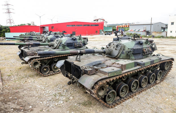 Tanks are seen during the Han Kuang military exercise in Taoyuan, Taiwan, on July 26, 2023. 