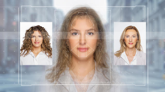 Biometric technology digital Face Scanning form lines, triangles and particle style design 