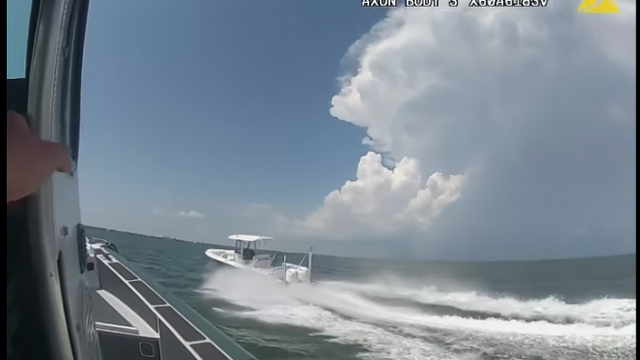 Aerial view of a speedboat. 