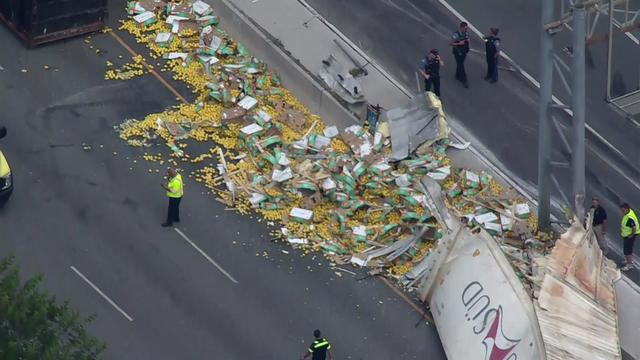 An aerial view of hundreds of crates of lemons spilled over a highway near an overturned tractor trailer. 