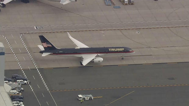 Former President Donald Trump's personal plane prepares to take off from Newark, New Jersey, en route to Washington, D.C., for his arraignment on federal charges.