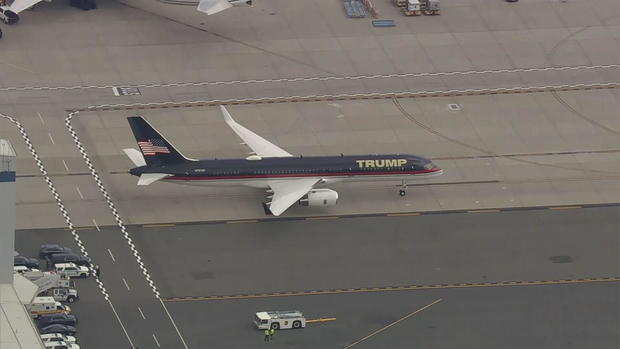 Former President Donald Trump's personal plane prepares to take off from Newark, New Jersey, en route to Washington, D.C., for his arraignment on federal charges. 