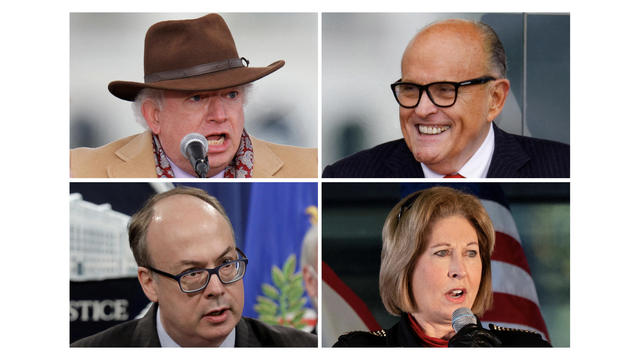 From top left clockwise, John Eastman, Rudy Giuliani, Sidney Powell and Jeffrey Clark speak in a combination of photographs taken in 2020 and 2021. 