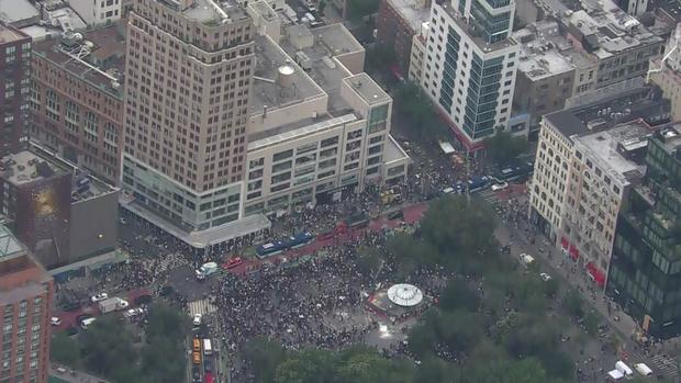 An aerial view of thousands of people crowded into Union Square. 