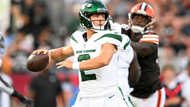 Zach Wilson #2 of the New York Jets throws a pass during the first half of the 2023 Pro Hall of Fame Game against the Cleveland Browns at Tom Benson Hall Of Fame Stadium on August 3, 2023 in Canton, Ohio. 