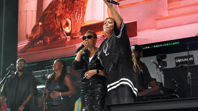 MC Lyte and Queen Latifah perform during Rock The Bells Festival on August 05, 2023 in New York City. 