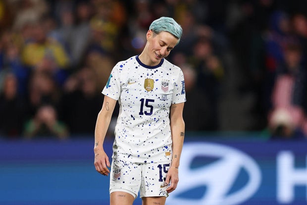 Megan Rapinoe reacts after missing her team's fourth penalty in the penalty shootout with Sweden on Aug. 6, 2023, in Melbourne.