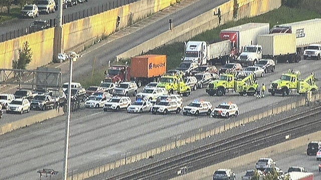 Red and blue police lights in city 