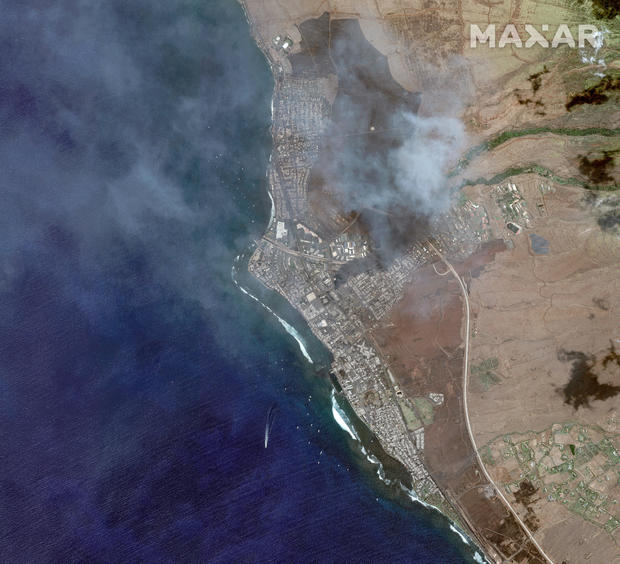 A satellite image shows an overview of wildfires in Lahaina, Maui County, in Hawaii 