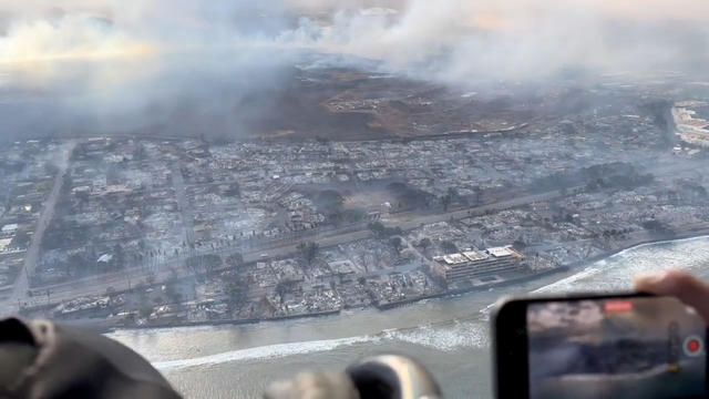 An aerial view shows damage along the coast of Lahaina in the aftermath of wildfires on the Hawaiian island of Maui, August 9, 2023, in this screen grab obtained from social media video. 