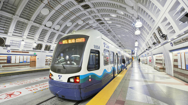 Sound Transit Link light rail train in Pioneer Square transit tunnel station 
